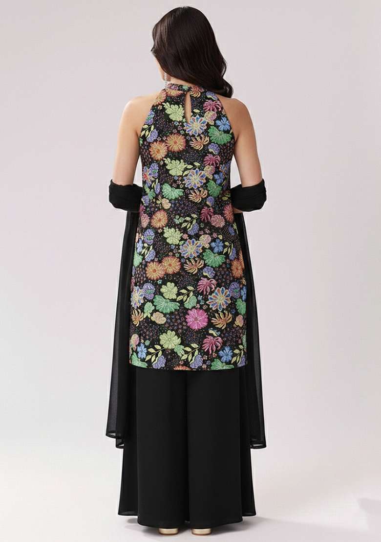 Black Printed Chinon Sharara Set - Indya