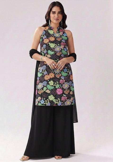 Black Printed Chinon Sharara Set