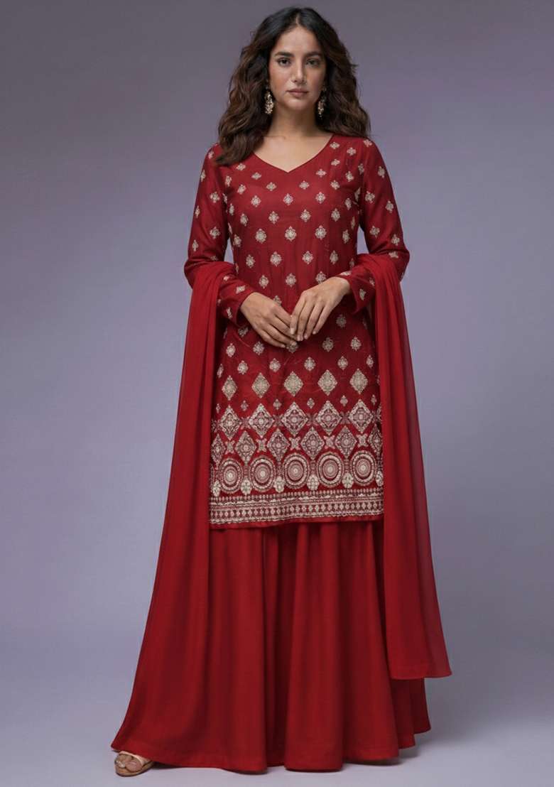 Crimson Red Embroidered Georgette Sharara Set - Indya