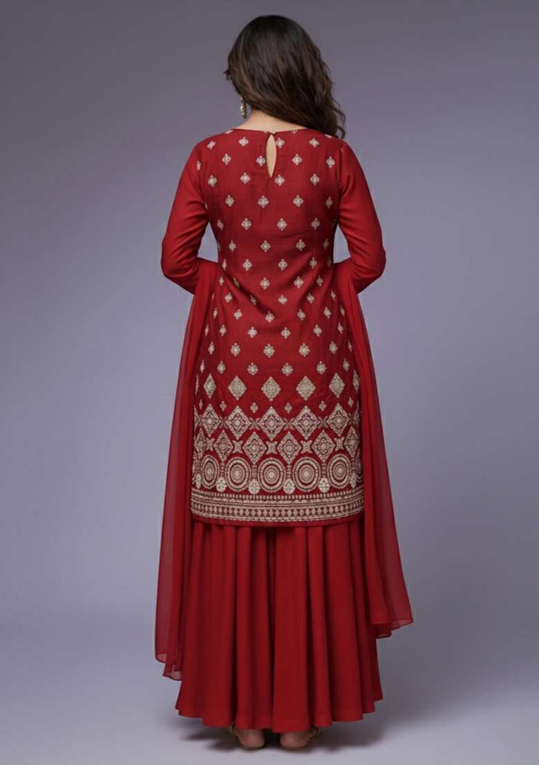 Crimson Red Embroidered Georgette Sharara Set - Indya