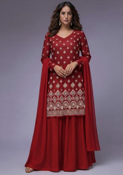 Crimson Red Embroidered Georgette Sharara Set