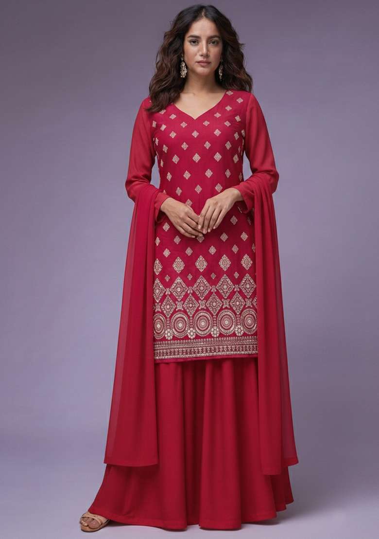 Rani Pink Embroidered Georgette Sharara Set - Indya