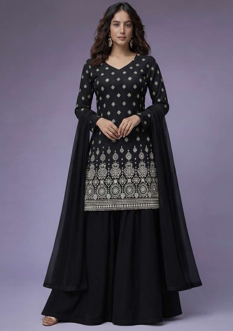 Black Embroidered Georgette Sharara Set - Indya