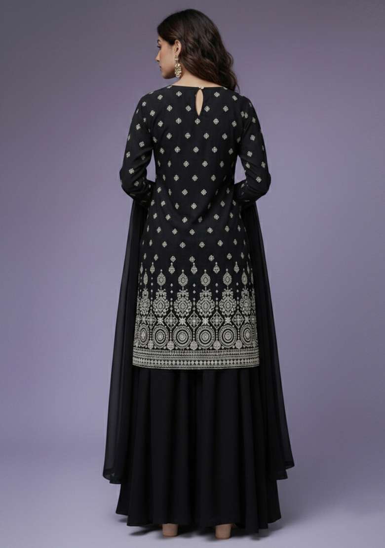 Black Embroidered Georgette Sharara Set - Indya