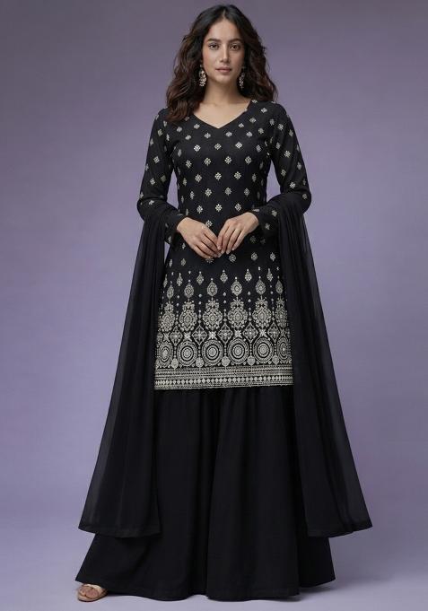 Black Embroidered Georgette Sharara Set