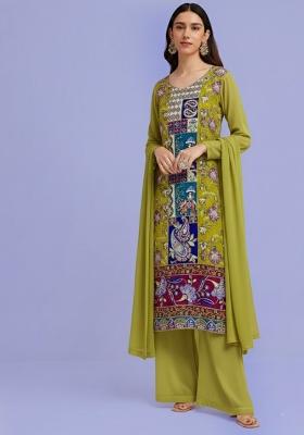 Olive Green Embroidered Crepe Kurta Set