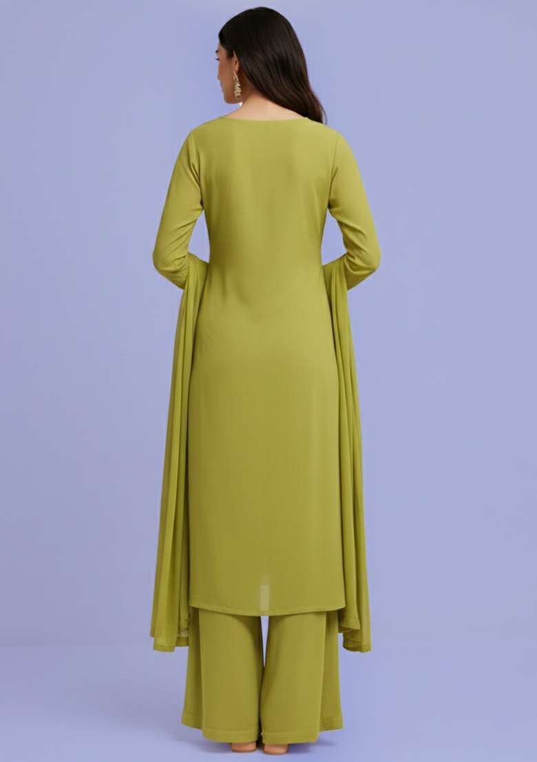 Olive Green Embroidered Crepe Kurta Set - Indya