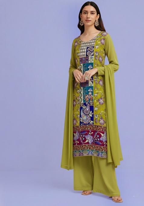 Olive Green Embroidered Crepe Kurta Set