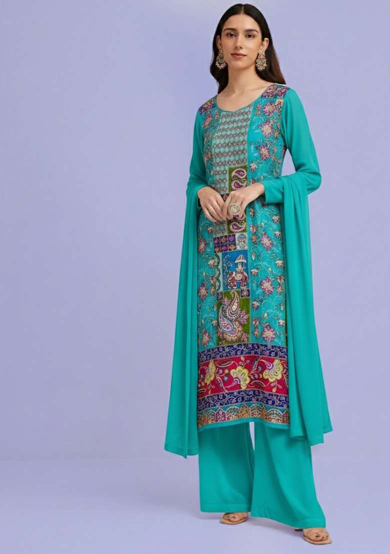 Turquoise Blue Embroidered Crepe Kurta Set - Indya
