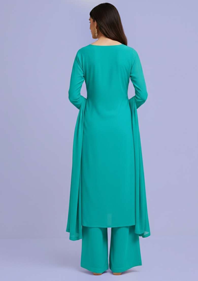 Turquoise Blue Embroidered Crepe Kurta Set - Indya