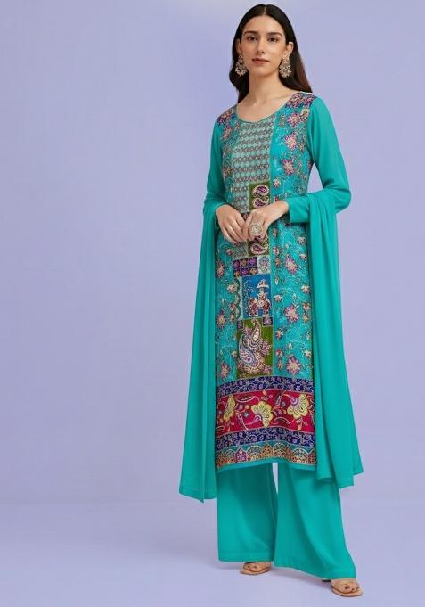 Turquoise Blue Embroidered Crepe Kurta Set