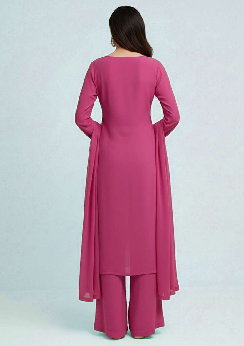 Rani Pink Embroidered Crepe Kurta Set - Indya