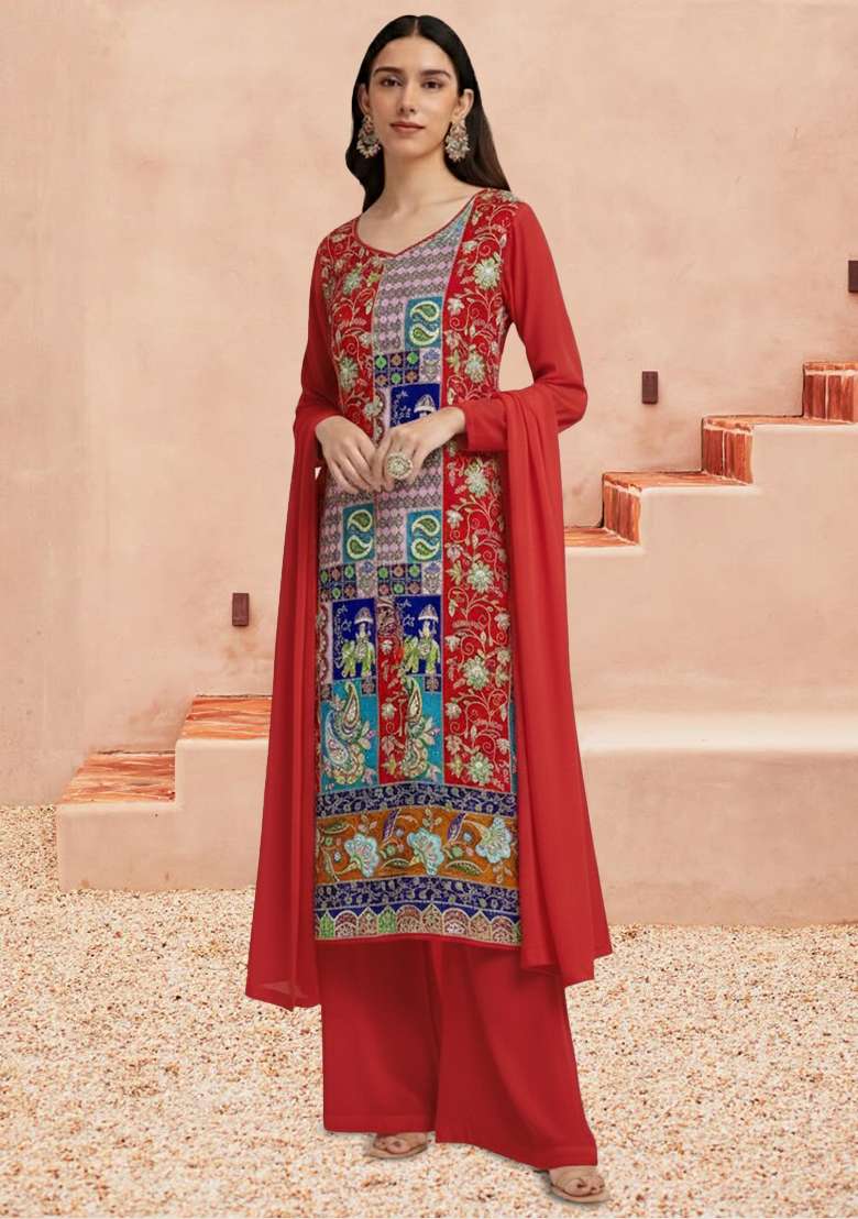 Red Embroidered Crepe Kurta Set - Indya