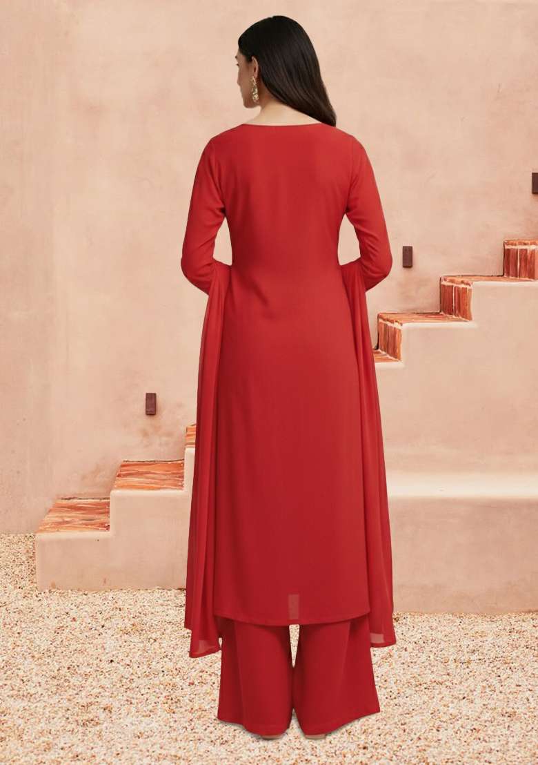 Red Embroidered Crepe Kurta Set - Indya