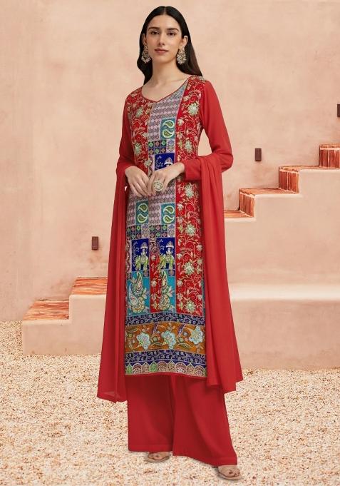 Red Embroidered Crepe Kurta Set
