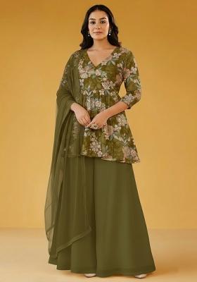 Olive Green Printed Crepe Sharara Set
