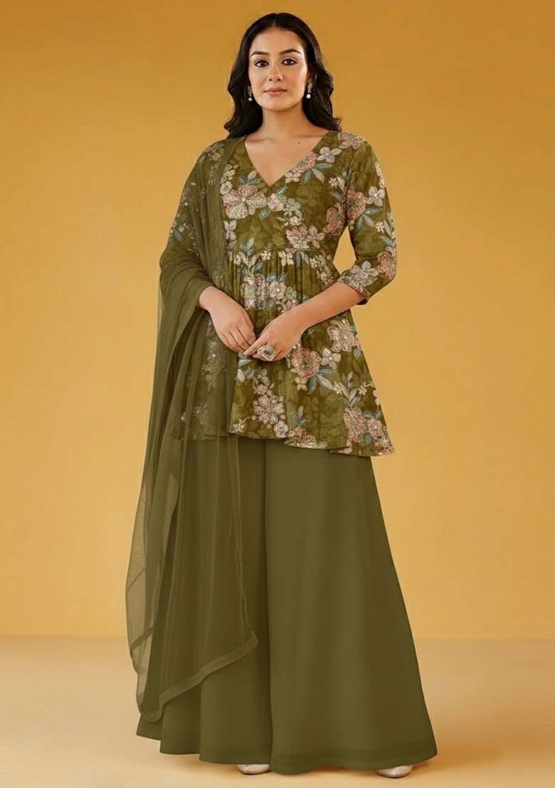 Olive Green Printed Crepe Sharara Set - Indya