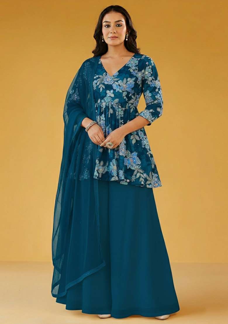 Royal Blue Printed Crepe Sharara Set - Indya