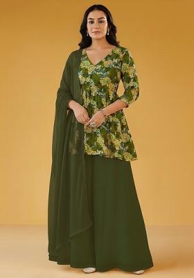 Olive Green Printed Crepe Sharara Set