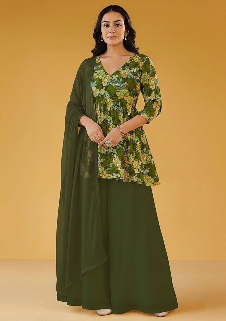 Olive Green Printed Crepe Sharara Set - Indya