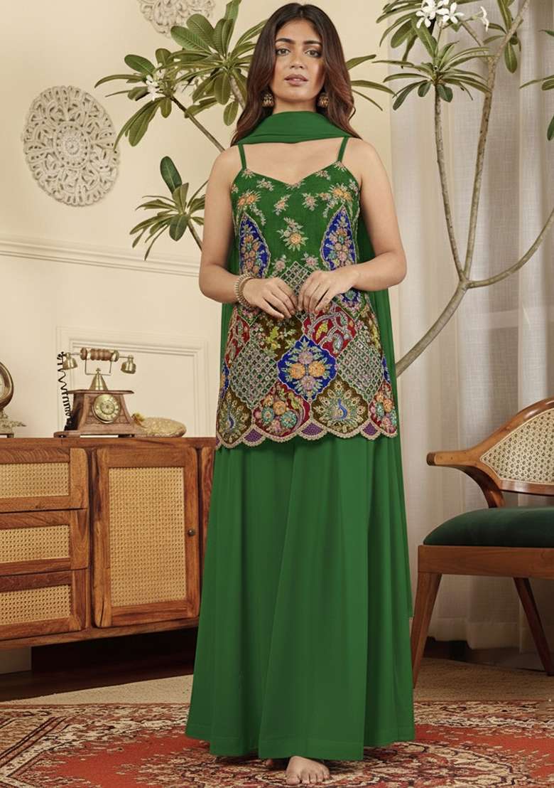 Emerald Green Embroidered Crepe Sharara Set - Indya