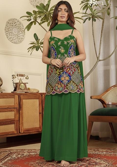 Emerald Green Embroidered Crepe Sharara Set