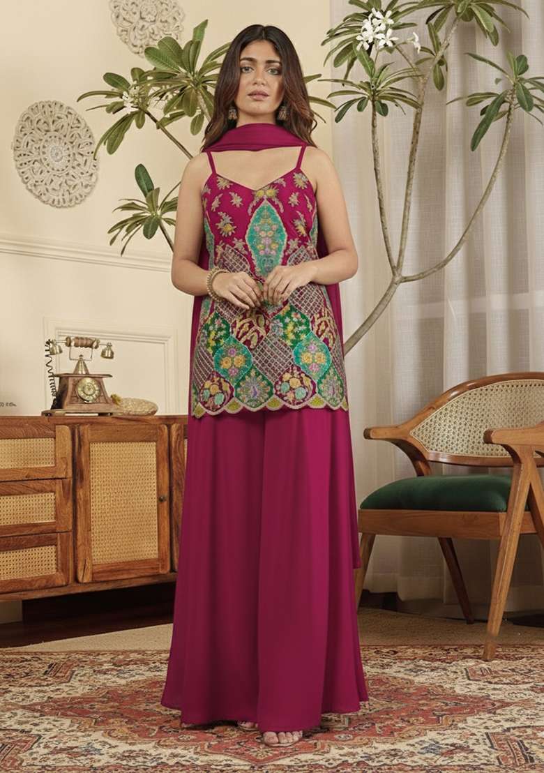 Hot Pink Embroidered Crepe Sharara Set - Indya
