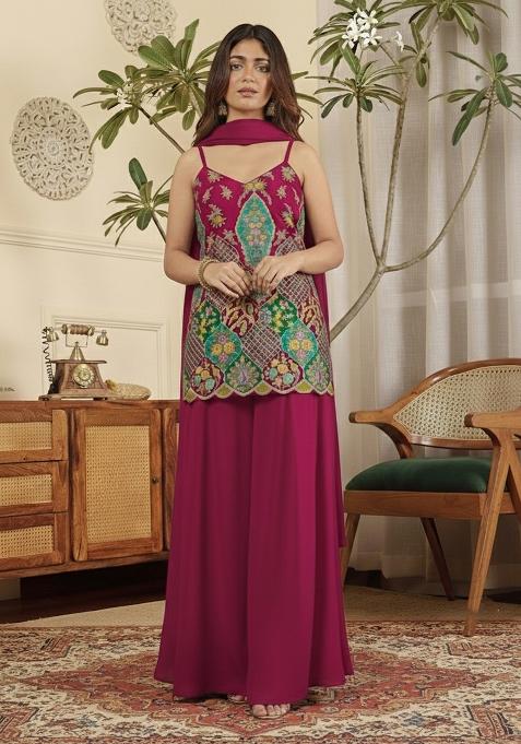Hot Pink Embroidered Crepe Sharara Set