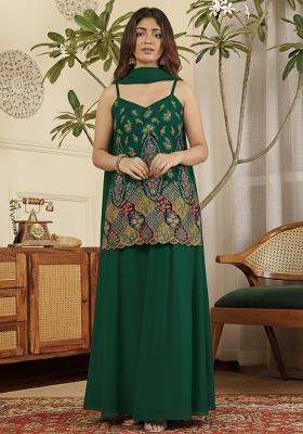 Bottle Green Embroidered Crepe Sharara Set