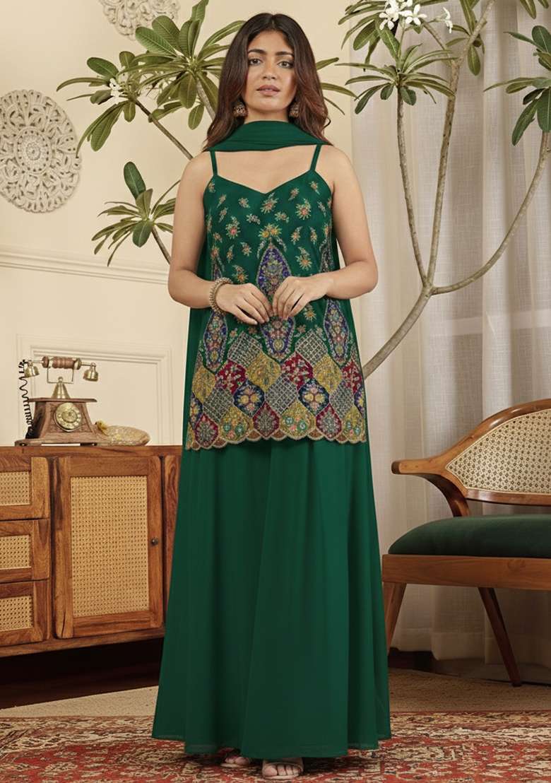 Bottle Green Embroidered Crepe Sharara Set - Indya