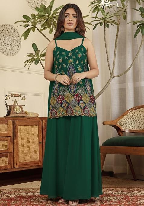 Bottle Green Embroidered Crepe Sharara Set
