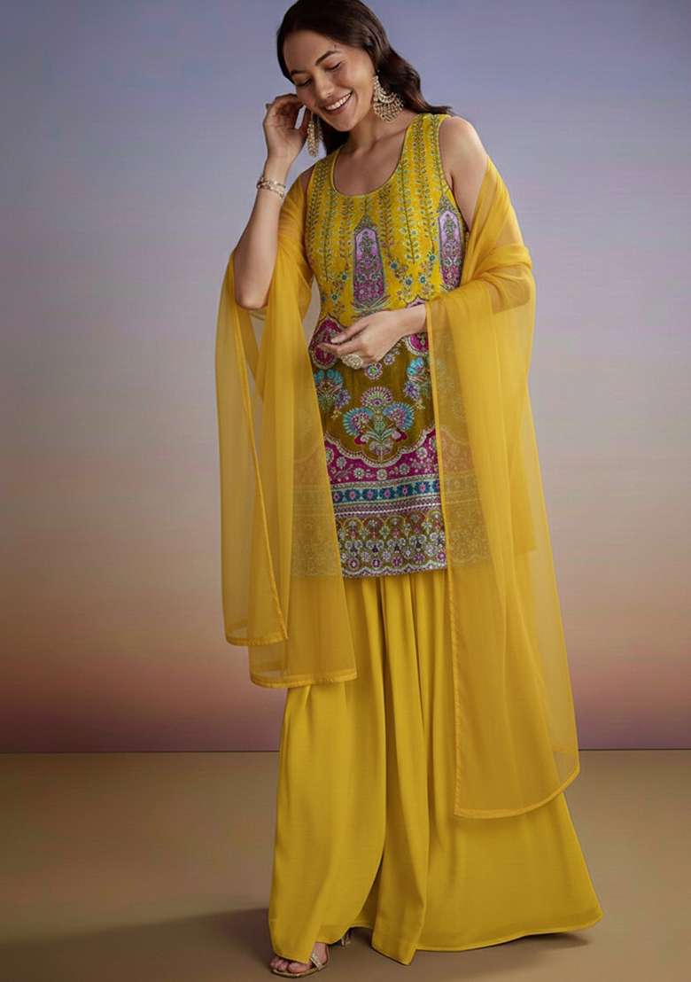 Yellow Embroidered Crepe Sharara Set - Indya