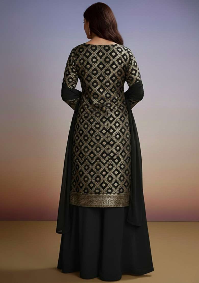 Jet Black Silk Sharara Set - Indya