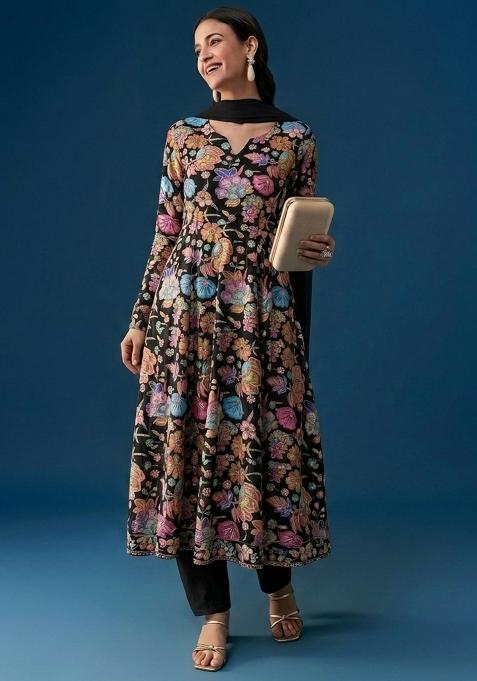 Jet Black Printed Chinon Anarkali Set
