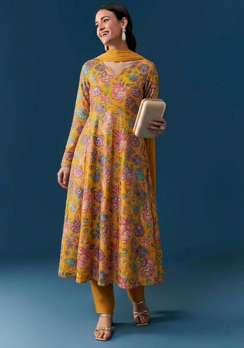Mustard Printed Chinon Anarkali Set
