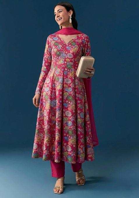 Rani Pink Printed Chinon Anarkali Set