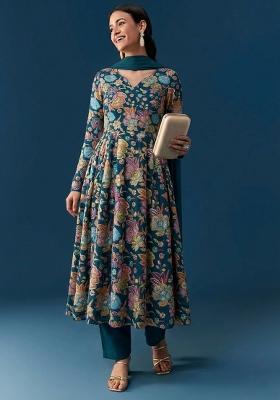 Deep Teal Green Printed Chinon Anarkali Set