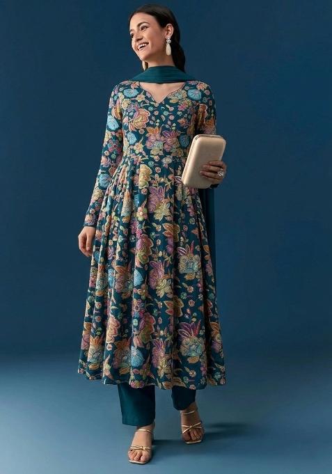 Deep Teal Green Printed Chinon Anarkali Set