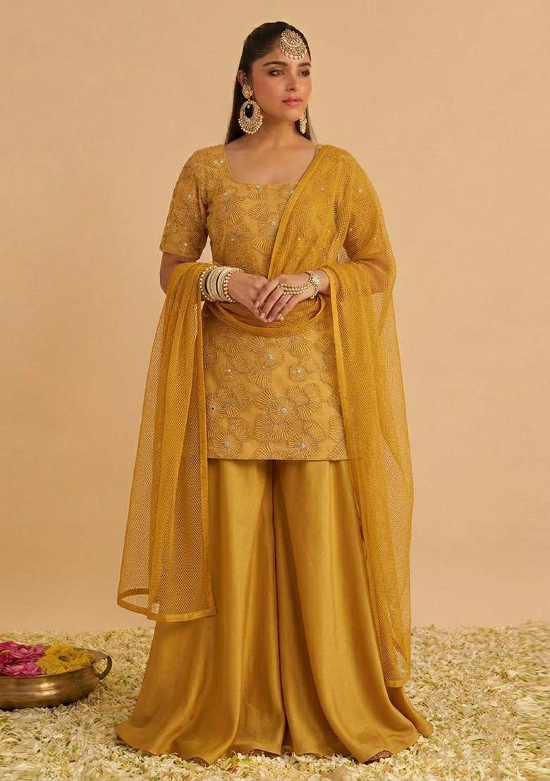 Mustard Embroidered Net Sharara Set - Indya