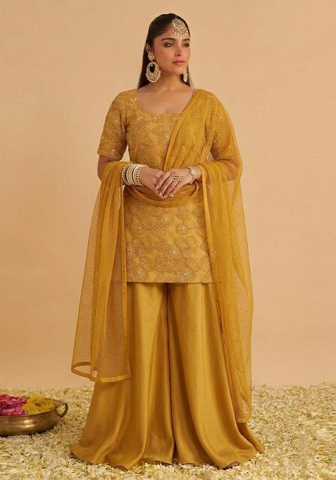 Mustard Embroidered Net Sharara Set