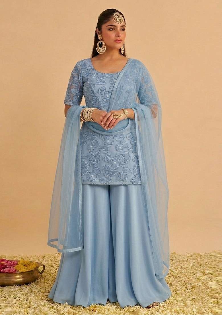 Pastel Blue Embroidered Net Sharara Set - Indya