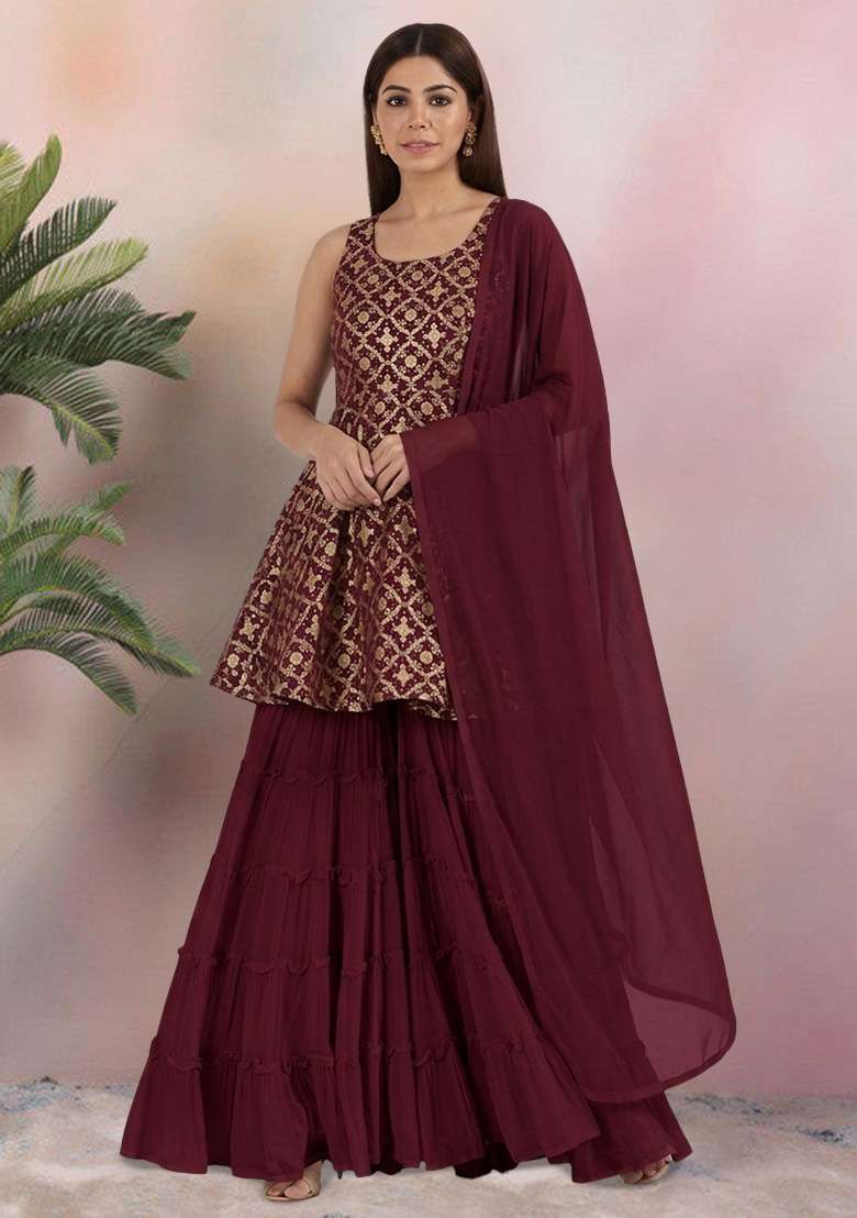 Deep Brown Georgette Sharara Set - Indya