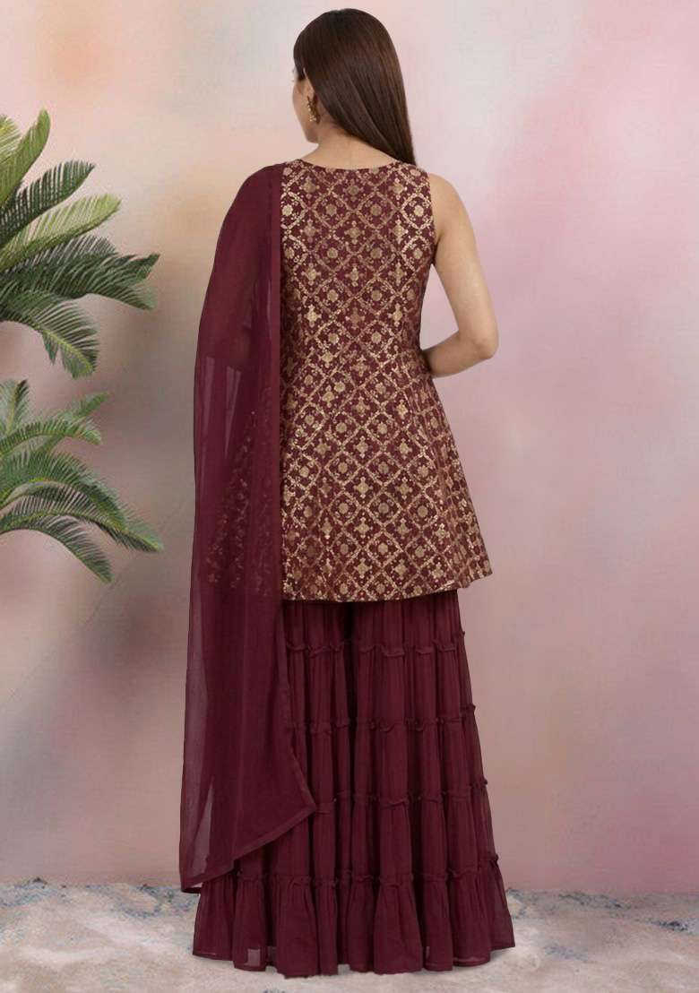 Deep Brown Georgette Sharara Set - Indya