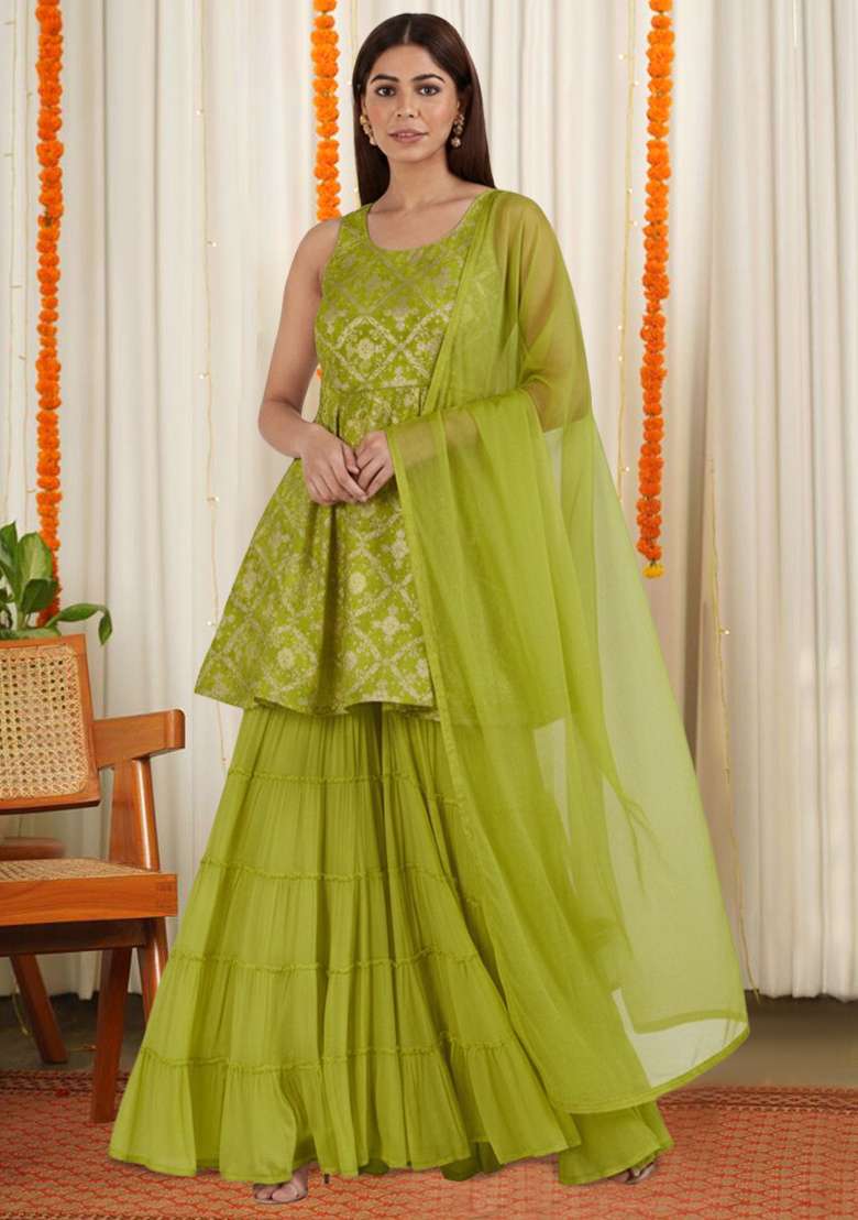 Lime Green Georgette Sharara Set - Indya