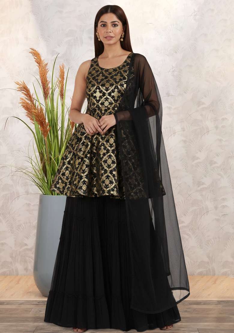 Black Georgette Sharara Set - Indya