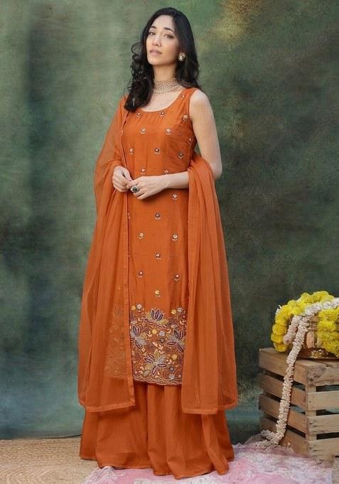 Rust Orange Embroidered Moss Sharara Set