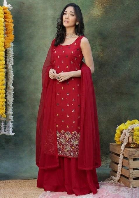 Crimson Red Embroidered Moss Sharara Set