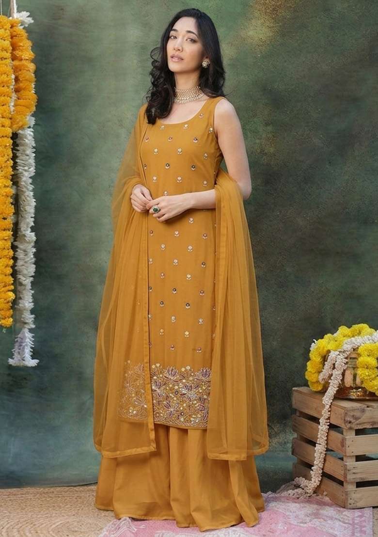 Mustard Embroidered Moss Sharara Set - Indya