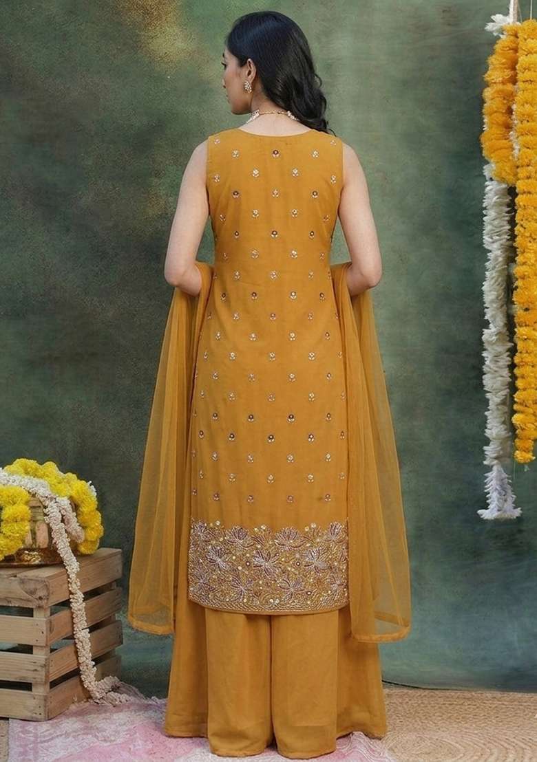 Mustard Embroidered Moss Sharara Set - Indya