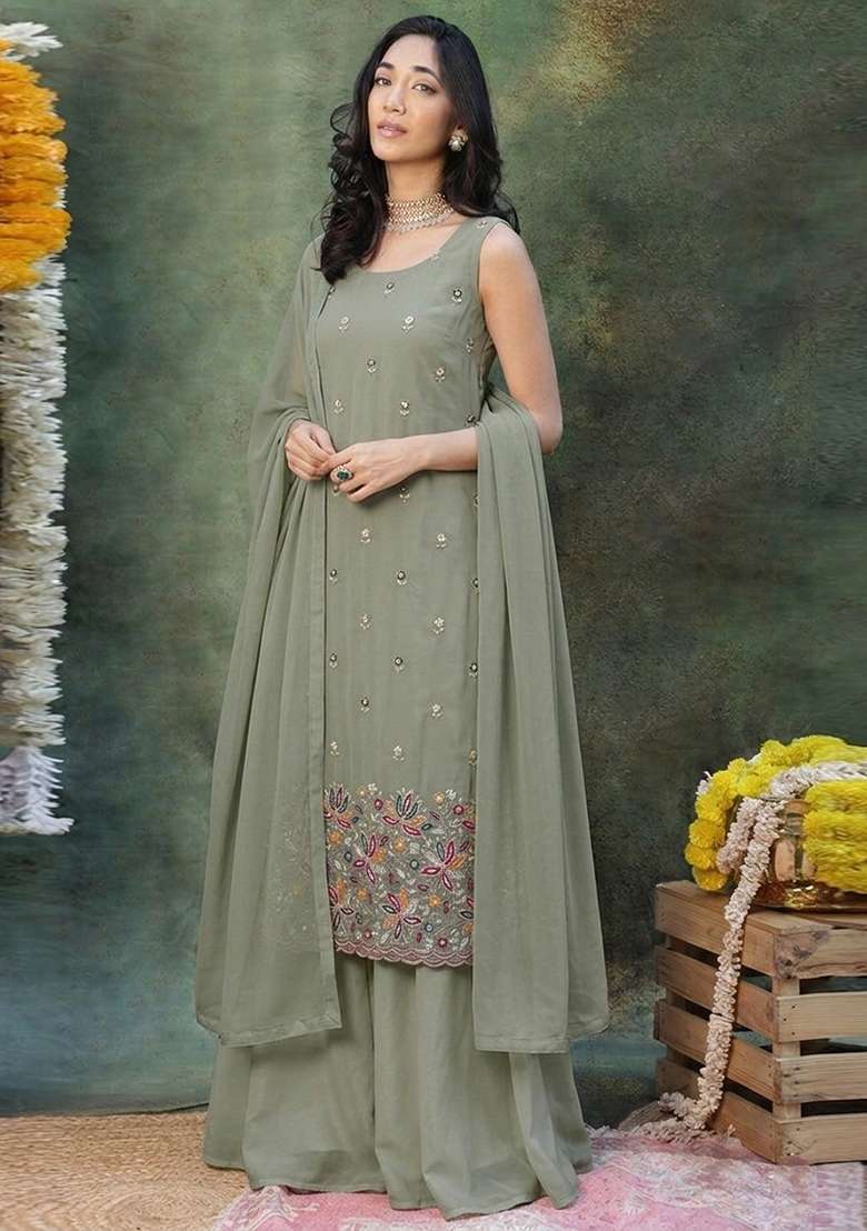 Sage Green Embroidered Moss Sharara Set - Indya